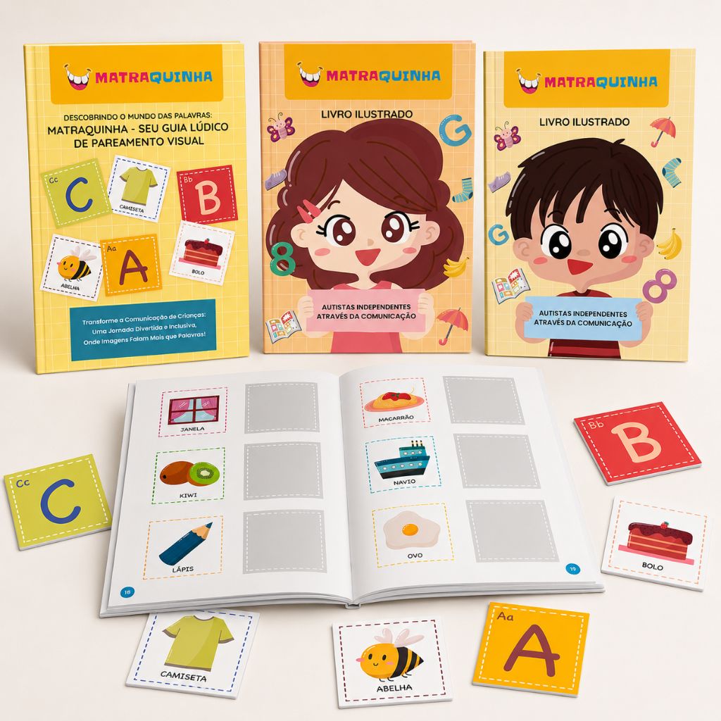 Imagem: mockups das soluções atuais do Matraquinha — aplicativo, materiais educativos, parcerias
