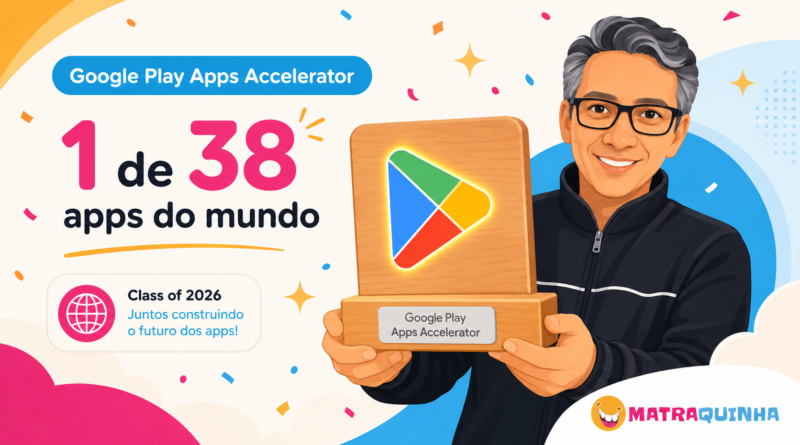 Wagner, cofundador do Matraquinha, segurando a placa do Google Play Apps Accelerator